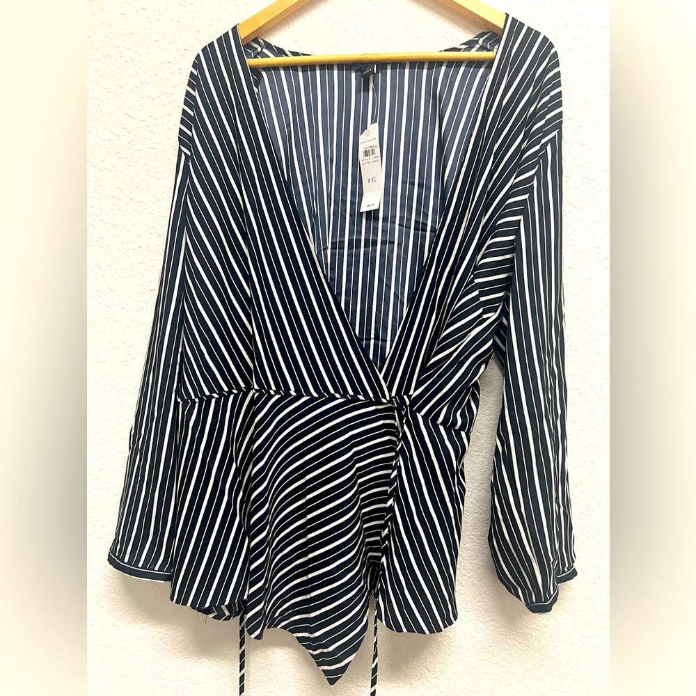Ann Taylor Striped White and Navy V-Neck Satin Wrap Top Blouse XXL Babydoll